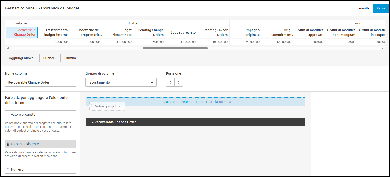 Screenshot showing the column formula builder interface with draggable items including Project Value, Existing Column, Number, Parentheses, and If Statement on the left panel
