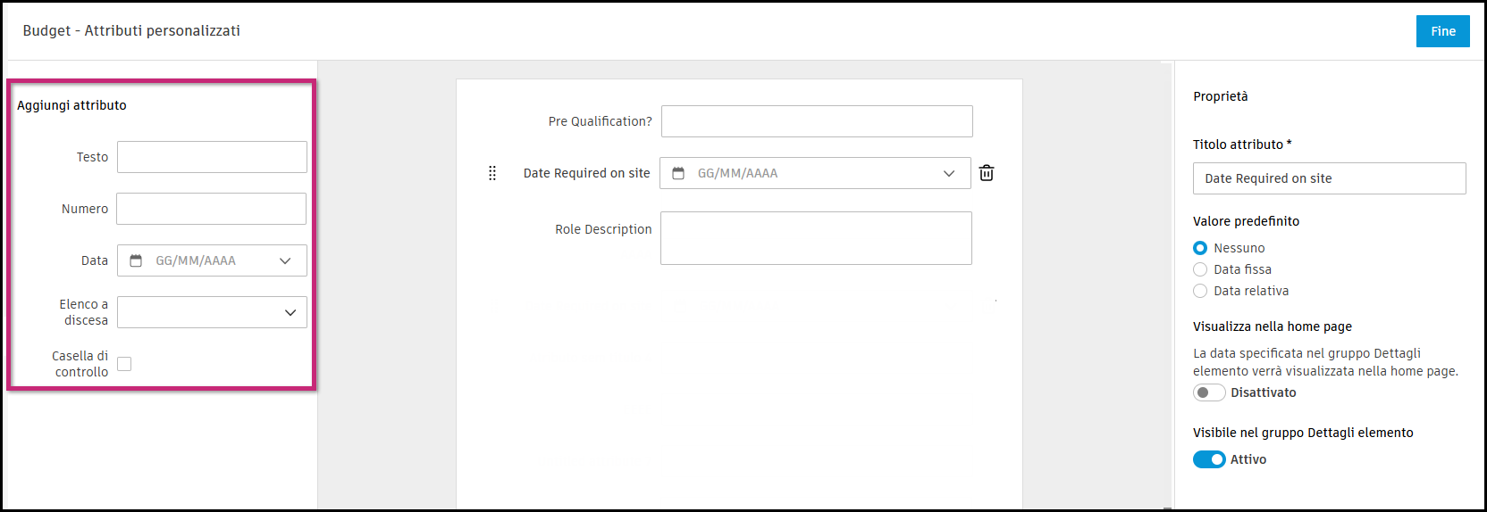 Custom attributes panel showing available attribute types: Text, Number, Date, Dropdown, and Checkbox with drag and drop interface