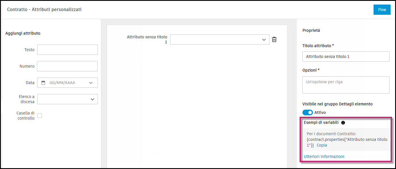 Custom attributes properties panel showing variable format field with example syntax for document templates