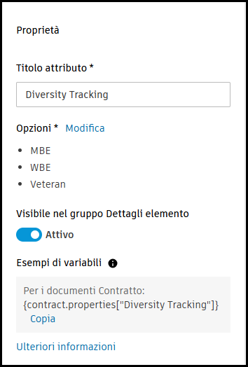 Properties panel for Diversity Tracking dropdown attribute with options for MBE, WBE, DBE, SDVOB, and Other