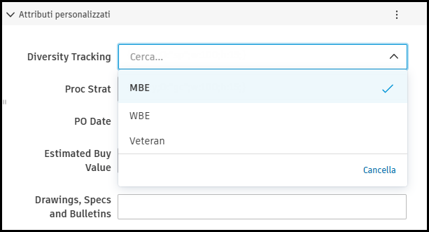 Contract details panel showing Diversity Tracking custom attribute dropdown with value selection