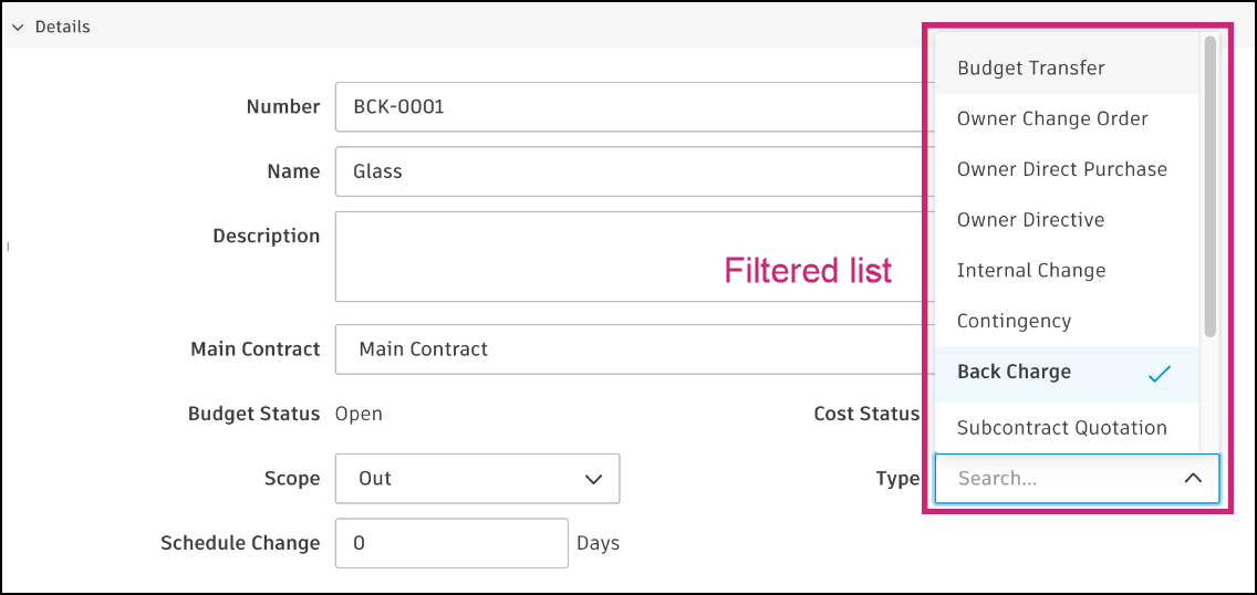 Change order type filtered list