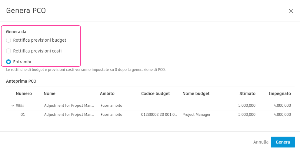 Generazione di un PCO da rettifiche previsioni