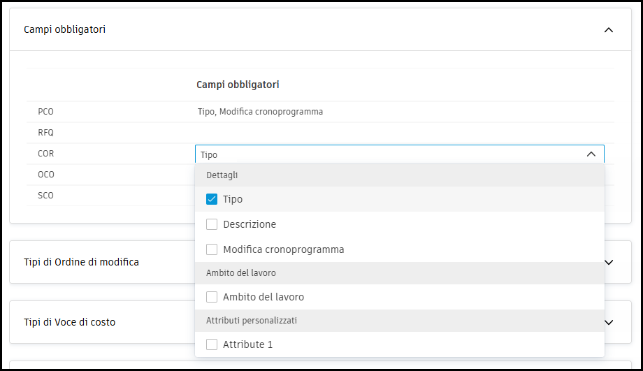 Required fields for change orders configuration