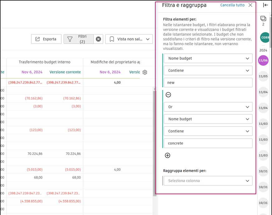 Budget snapshots interface with filters applied to focus on specific data