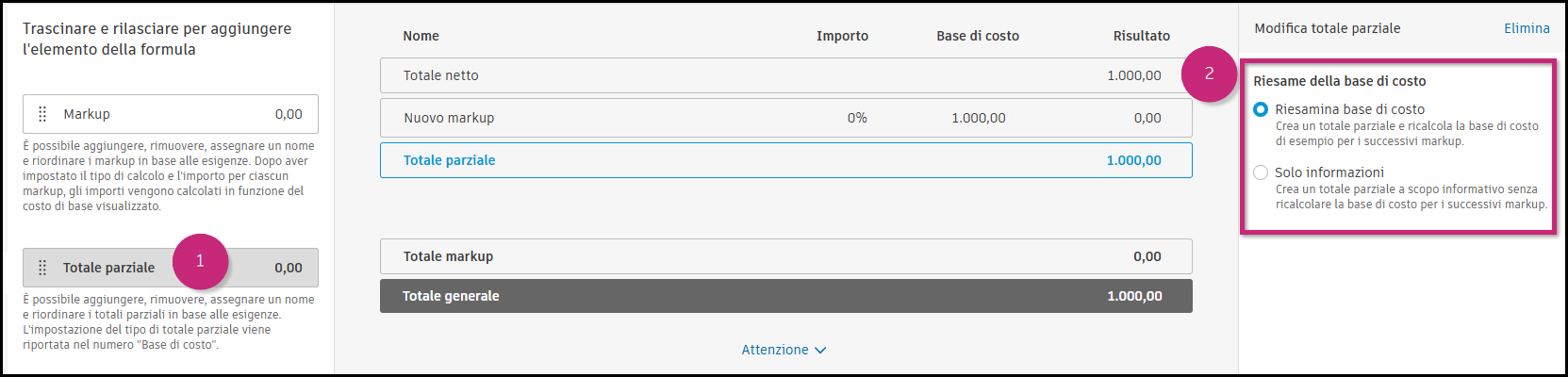 Subtotal setting options