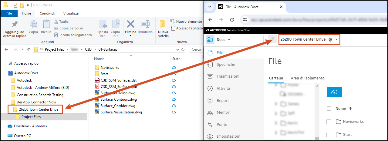 Il connettore di Autodesk Docs mostra la rappresentazione dell'unità locale di dati del cloud