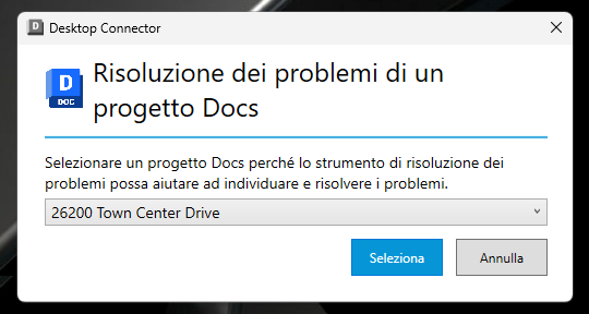 Schermata di selezione del progetto nello strumento di risoluzione dei problemi