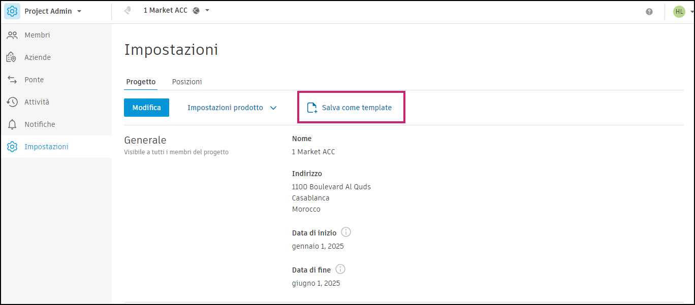 Save as template in Project Admin