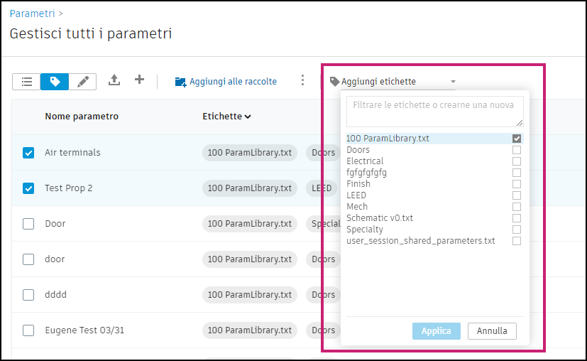 Parameters labeling view interface