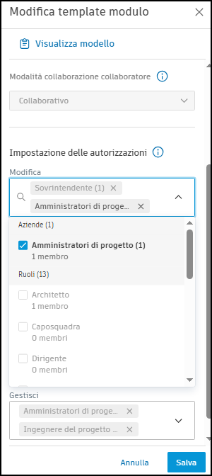 Project form template permissions screenshot