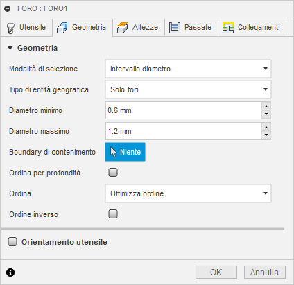 2d bore dialog geometry tab - diameters