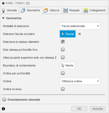 2d bore dialog geometry tab - faces