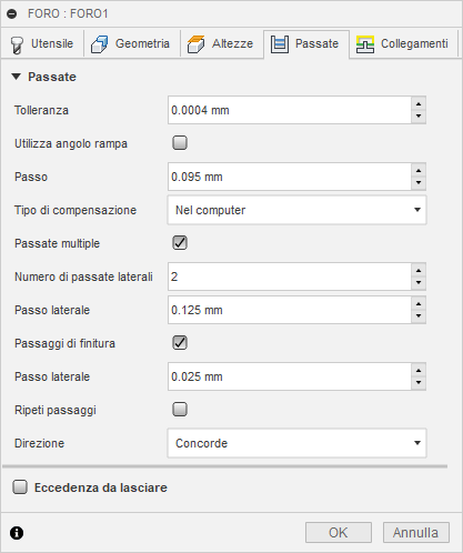 2d bore dialog passes tab