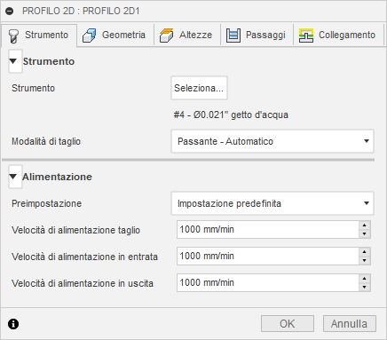 2d profile dialog tool tab - waterjet