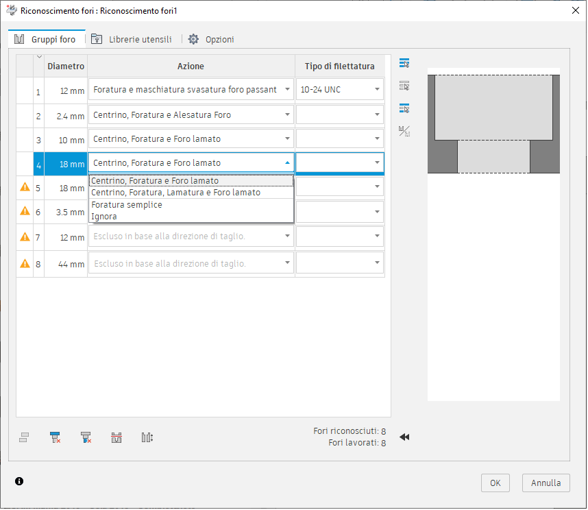 hole recognition dialog - hole groups tab - action