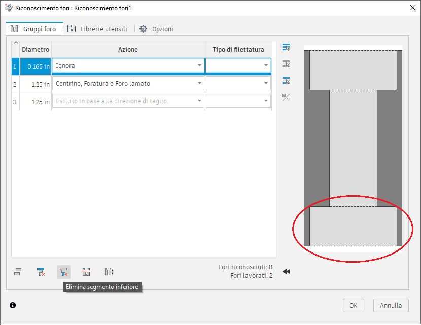 hole recognition dialog - delete segment - group modifiers