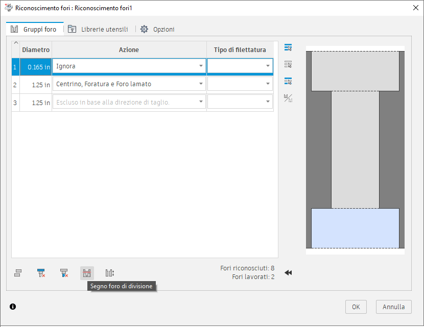 hole recognition dialog - split hole - group modifiers