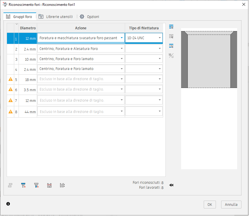 hole recognition dialog - hole groups tab