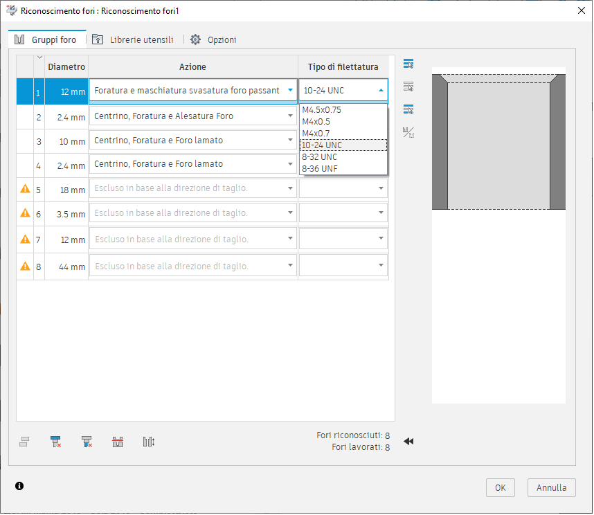 hole recognition dialog - hole groups tab - thread type