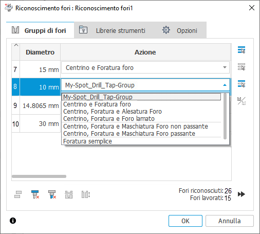 hole recognition dialog - hole groups tab - actions - store template