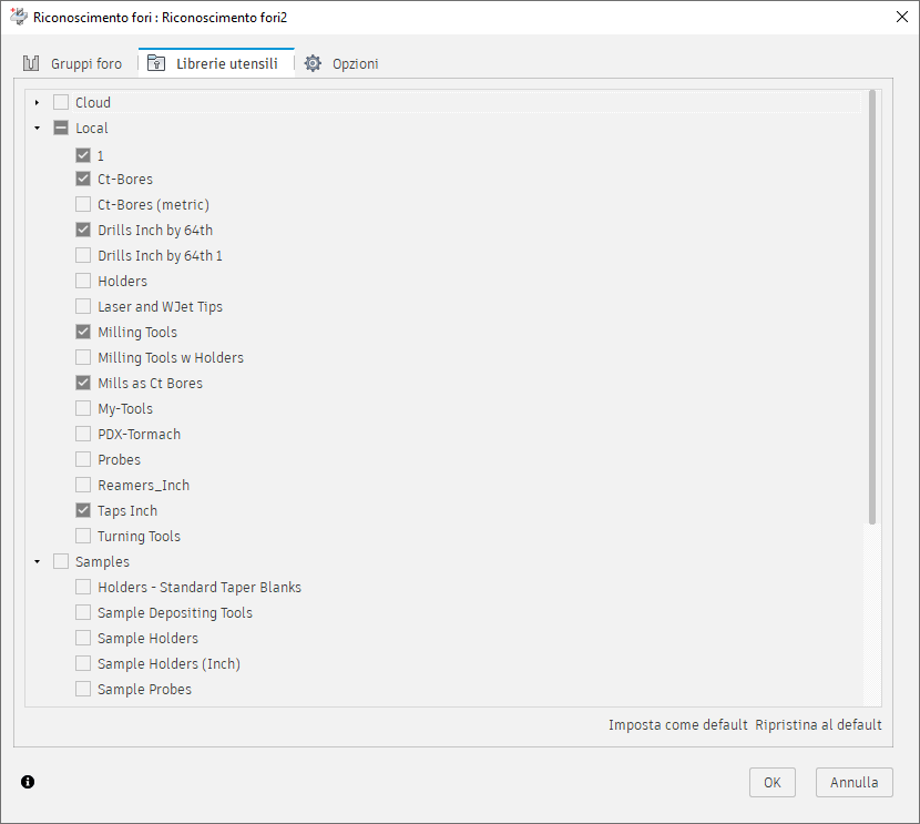 hole recognition dialog - tool libraries tab