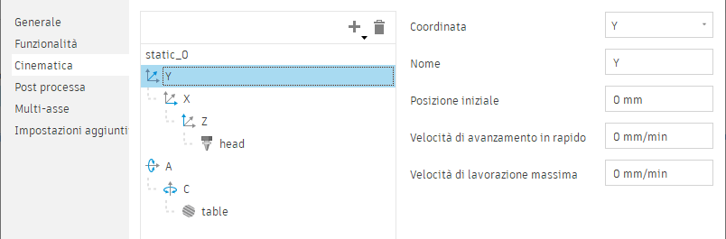 Kinematics tab - axis and home position settings