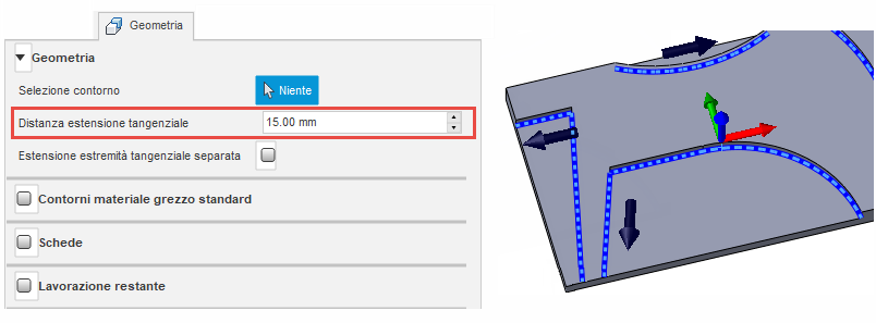 tangential extension distance dialog section - 15mm with example