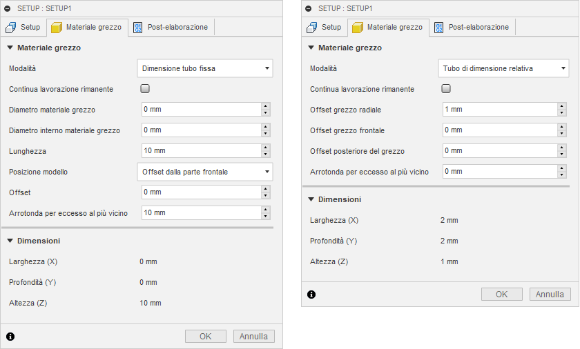 setup dialog stock tab - tube stock options