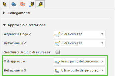 Finestra di dialogo Approccio e retrazione