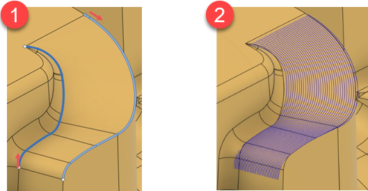 geodesic blend toolpath - ofsetting passes from the two selected curves example