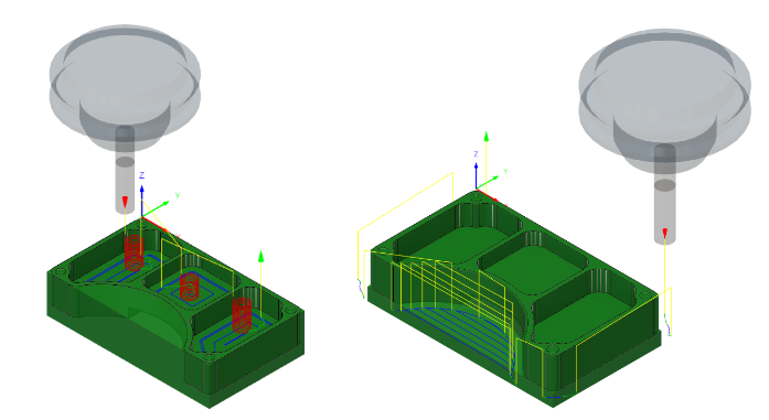 2D Pocket toolpath applied in the three pockets (left). 2D adaptive clearing toolpath applied around the outside of the part (right).