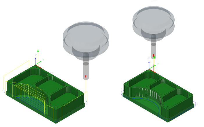 2D adaptive clearing toolpath applied around the outside of the part (left). 2D Contour toolpath applied around the outside of the part (right)