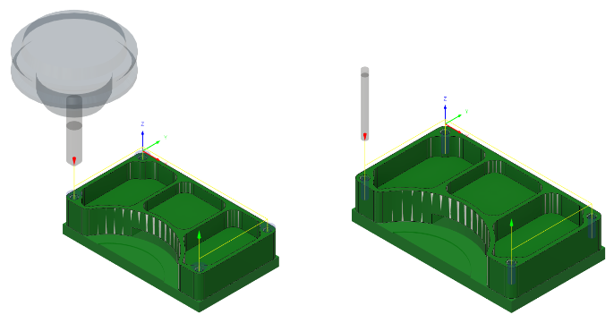 Drill toolpath applied at the conical faces of the four countersink holes (left). Drill toolpath applied at four holes (right)