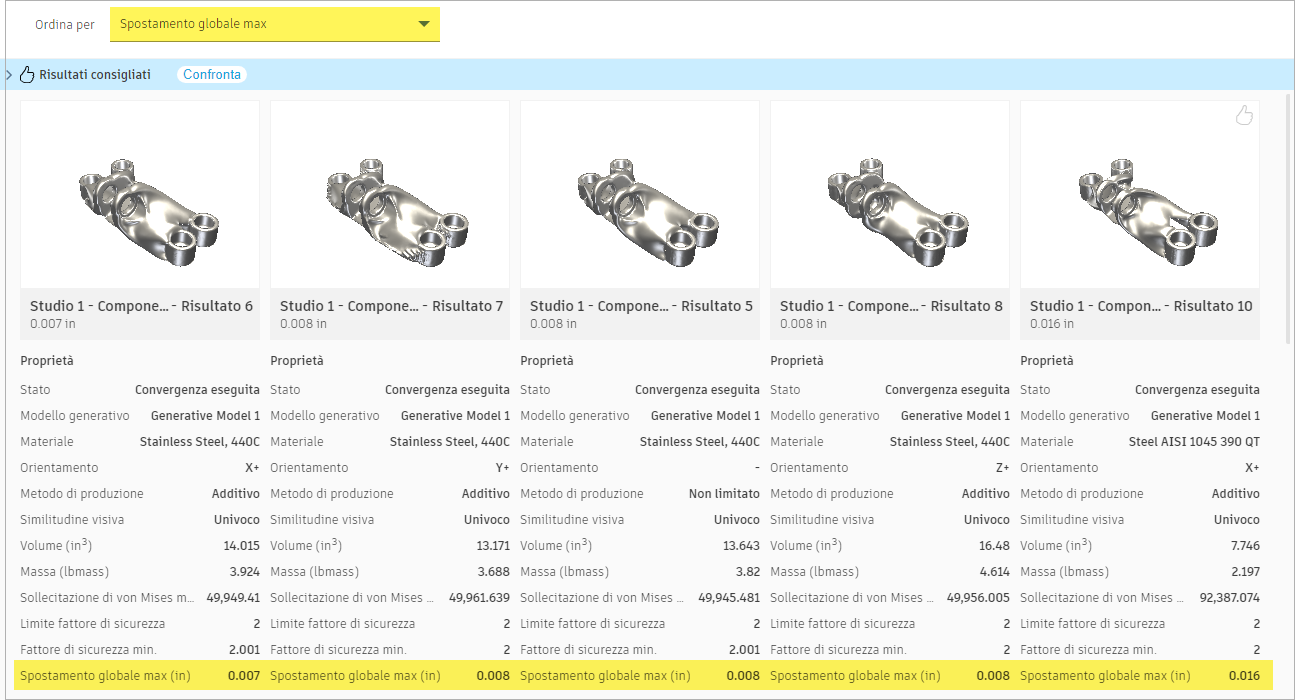 view and sort by maximum displacement