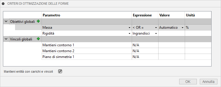 browser - shape optimization settings