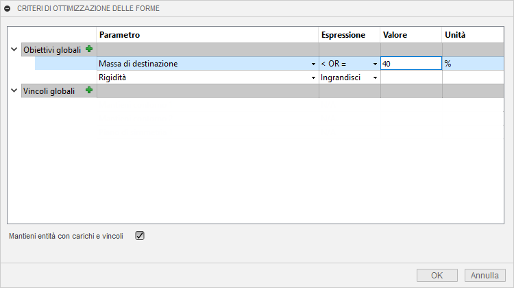shape optimization critera dialog