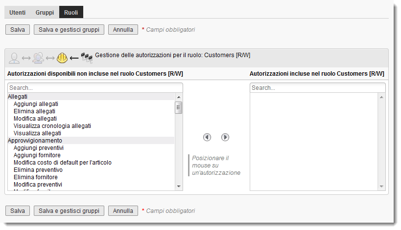 Gestione delle autorizzazioni per la pagina Ruolo