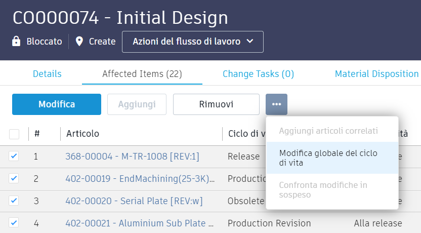 Bulk Lifecycle Change menu