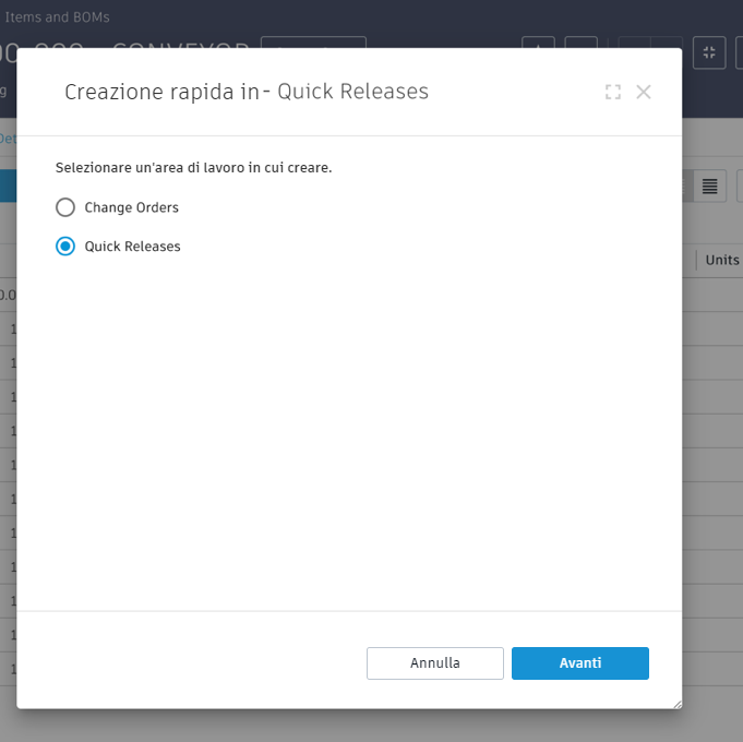Quick Create in Quick Releases dialog