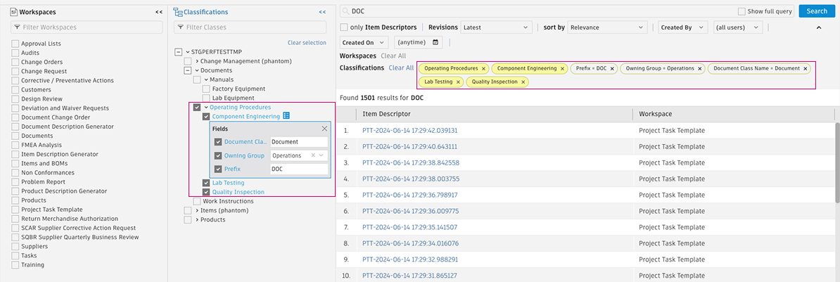 classification filters selected
