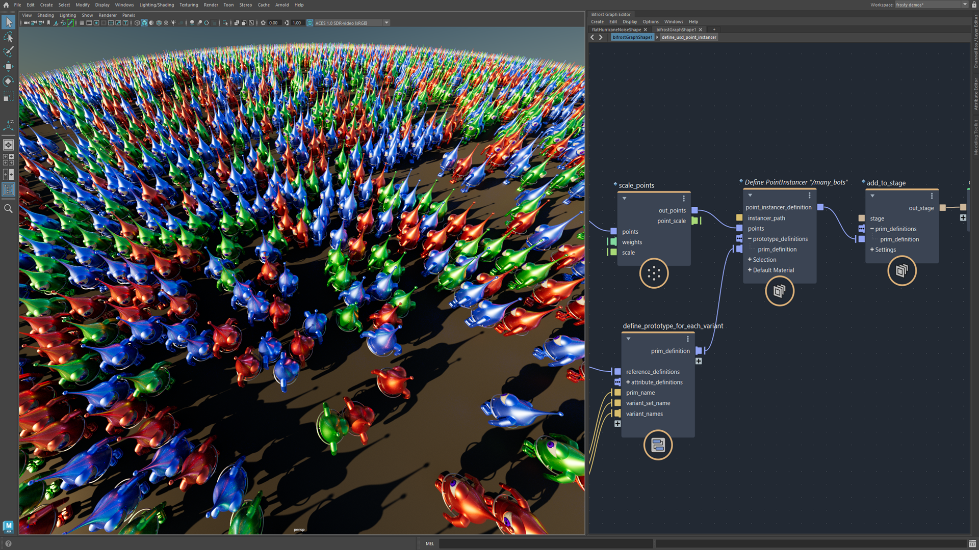 Maya ビューポートの Bifrost-USD インスタンス