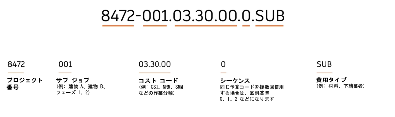 コード形式とプレビューを含むセグメント構造を示す予算コードの例