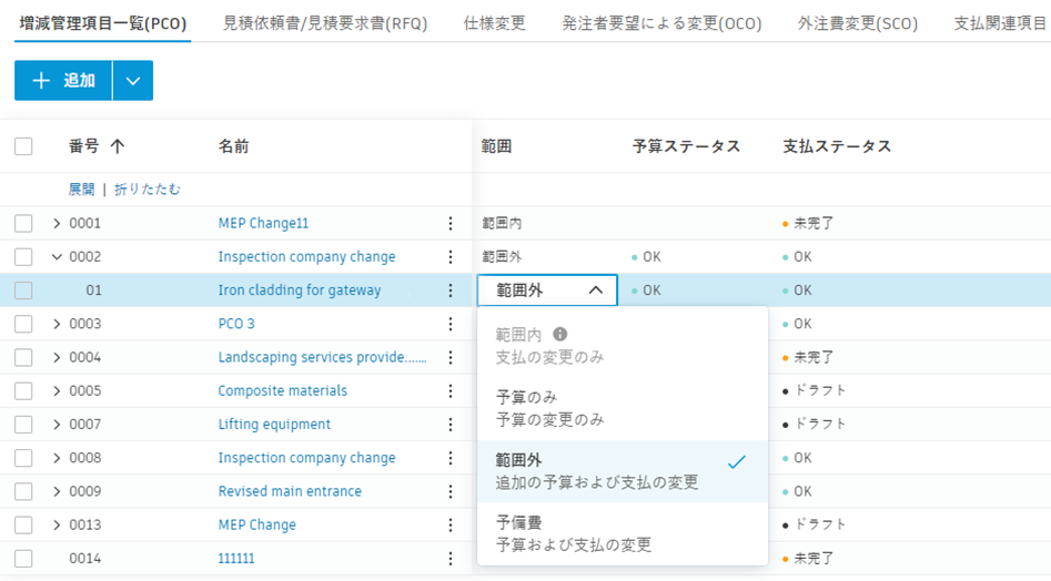 増減管理の支払関連項目範囲