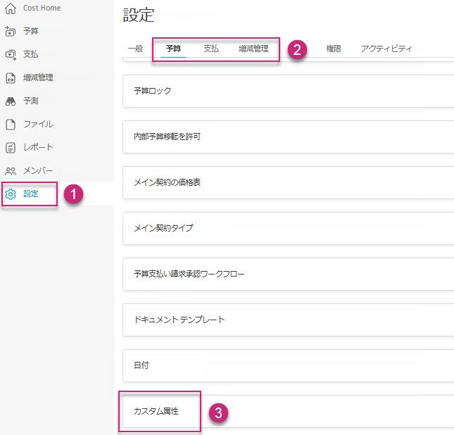 [予算]、[支払]、[増減管理]タブの[追加]ボタンのある[カスタム属性]セクションが示されている[設定]ページ