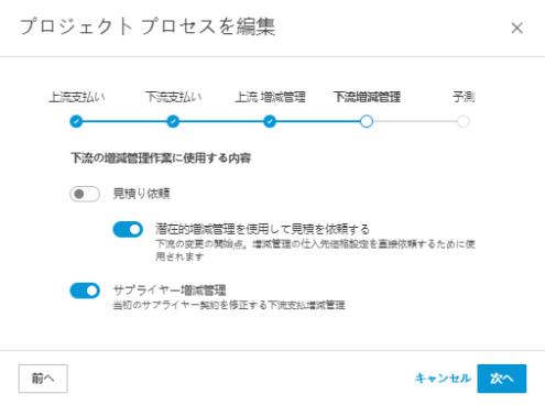 PCO を RFQ オプションとして有効にしていることを示す[下流増減管理]セクション