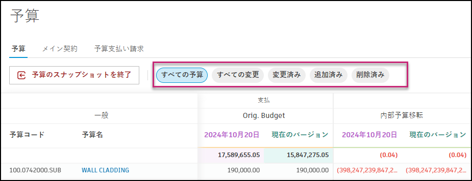 [すべての予算]、[すべての変更]、[変更済み]、[追加済み]、[削除済み]のオプションを示すクイック フィルタ タグ