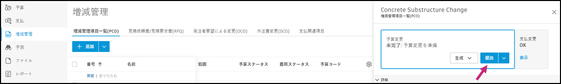 提出された値を入力するための[予算変更を提出]ダイアログ ウィンドウ