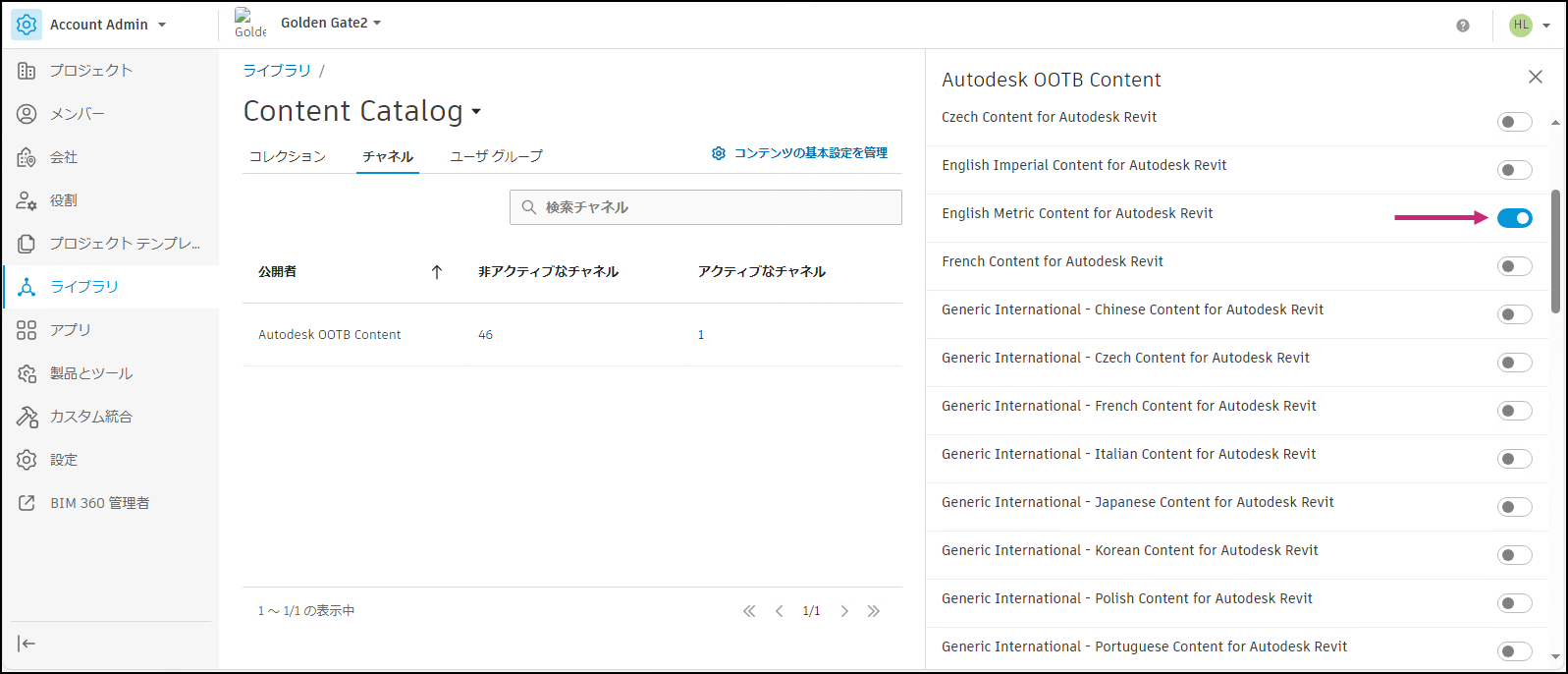 チャネルをオンに切り替える