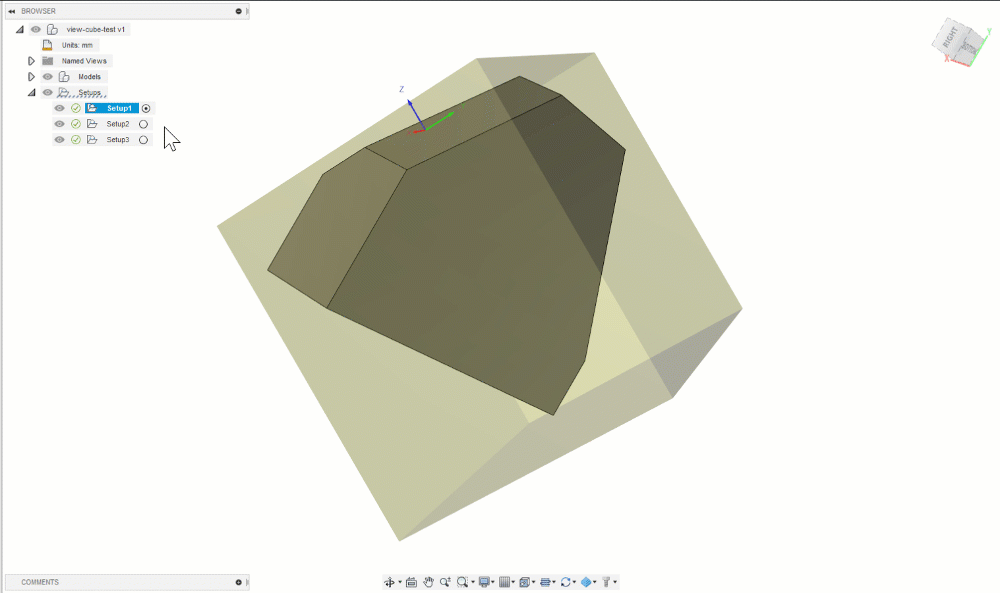 ViewCube とアクティブなセットアップの同期を示す例